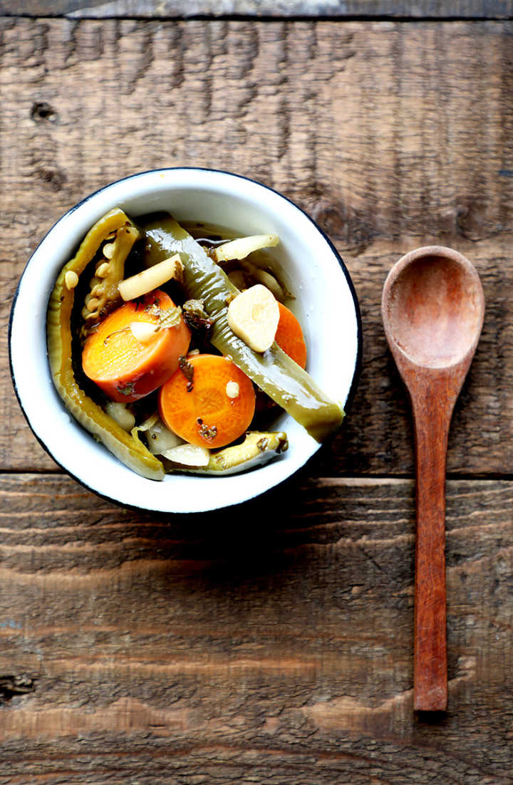 Mexican Pickled Peppers, with Carrots, and Onions (Chiles en Vinagre)