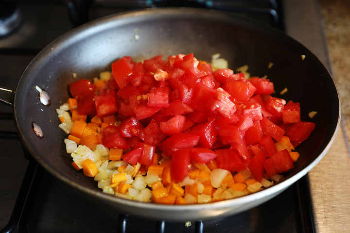 Carrots, Onion, Tomatoes Cooking in Frying Pan