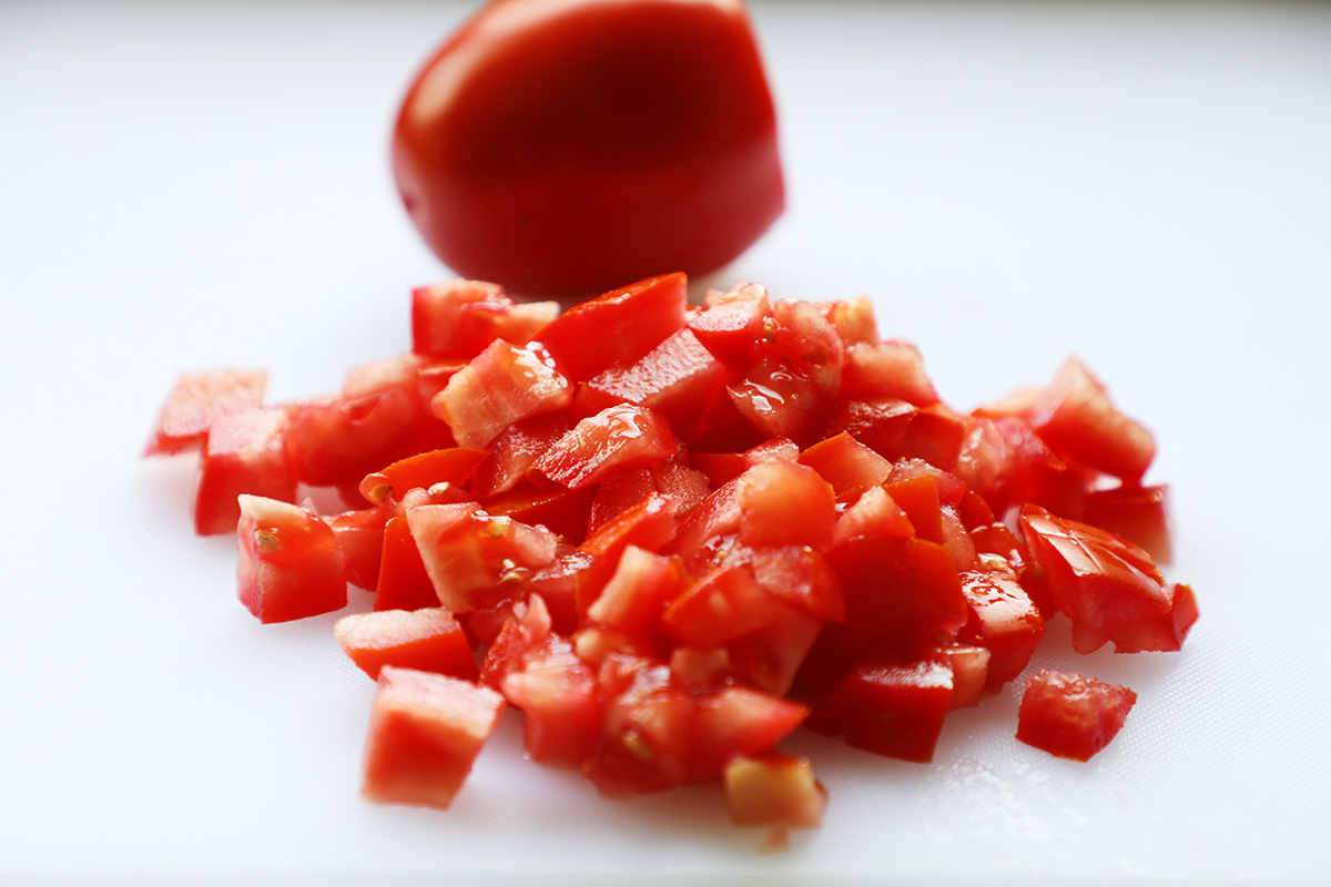 Diced Tomato on Cutting Board