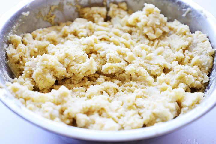 Breadcrumbs blended with potato, egg, cheese mixture.