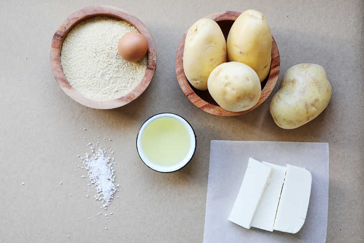 Ingredients to make mashed potato croquettes.